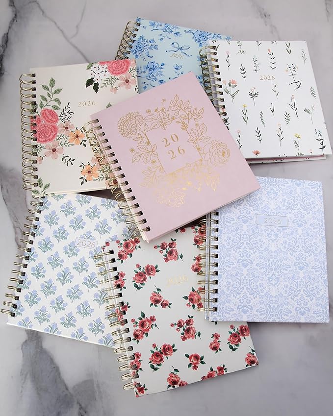 WORLD TRAVELER 2026 Planner Weekly and Monthly - 7'' x 8.75'' Hard Cover January December Spiral Daily Planner 2026 To Do List, Size 7X8.75, White Wild Flower