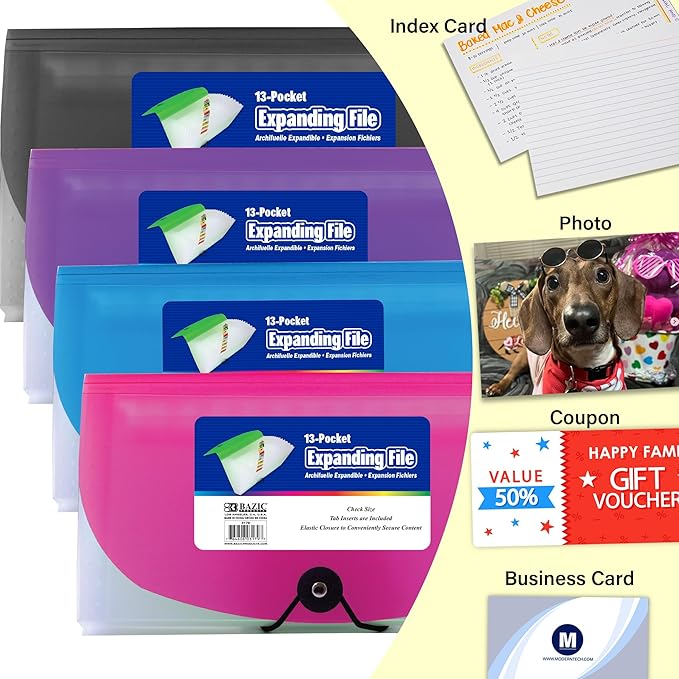 BAZIC Products Expanding File Folder 13 Pockets, Coupon Size Plastic File Folders w/Color Tabs Pocket, Home Office Supplies, Check Bills Receipts Organizer, 72-Packs