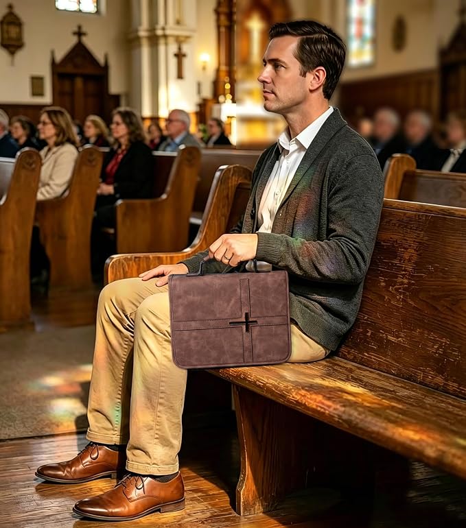 Vegan Leather Bible Cover for Men & Women, Bible Case with Gift Box, Christian Catholic Religious Bible Gifts (Brown)