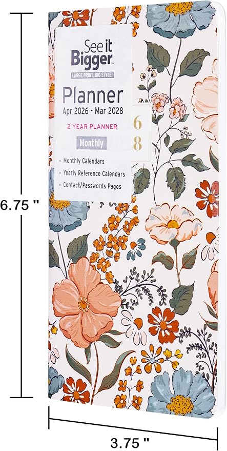 PlanAhead Pocket Planner Apr 2026 - Mar 2028-2 Year Daily Pocket Calendar for Purse - Fasion Floral Design - 6.75"x3.75" Monthly Planner With Flexible Cover, Yearly Overview, & Notes Pages