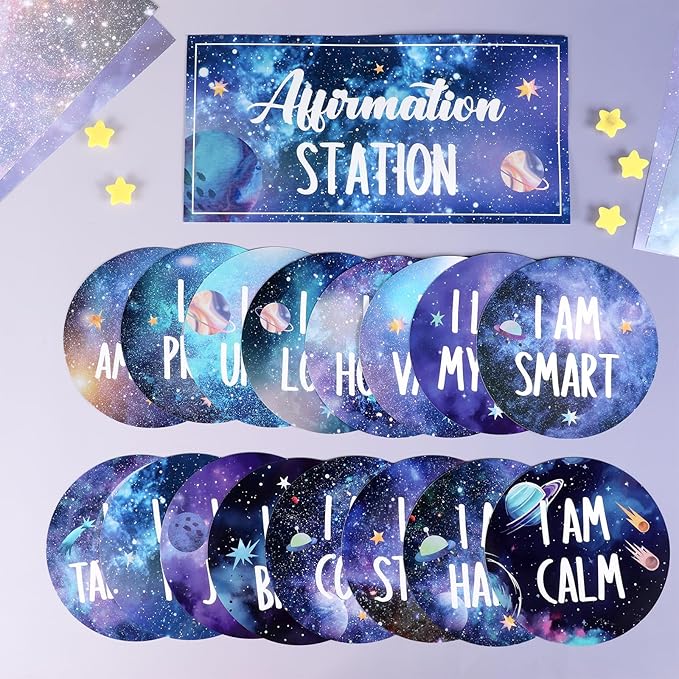 Outer Space Affirmation Station Bulletin Board Set Positive Bulletin Board for Classroom Growth Mindset Decoration Inspirational Motivational Accent Cutouts for Home School Teacher Wall Mirror Supply