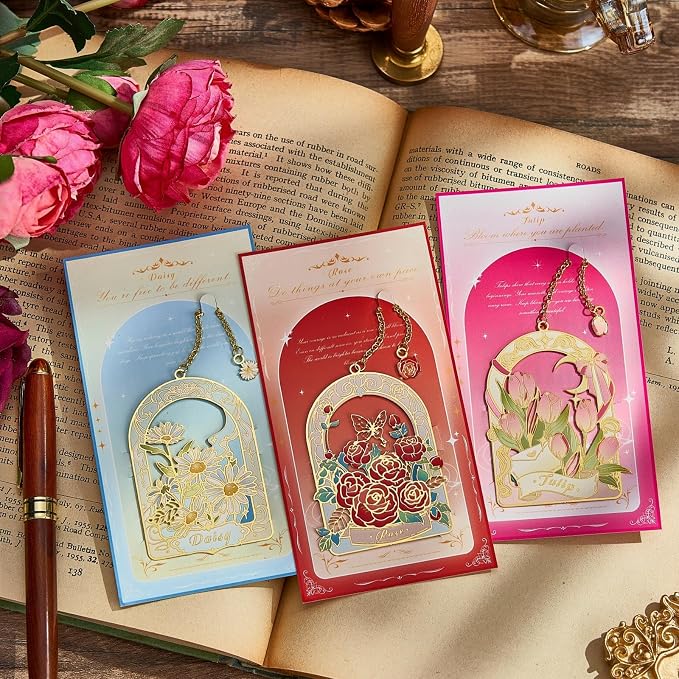 3 PCS Floral Metal Bookmark, Hand-Drawn Pretty Book Marks for Reading Women, Rose, Tulip, Daisy Book Lovers Gifts,