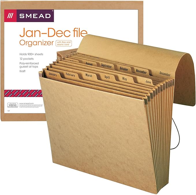 Smead Expanding File with Flap and Cord Closure, 12 Pockets, Monthly (Jan-Dec), Letter Size, Kraft (70186) (Pack of 1)