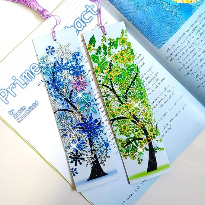 4 Pcs LINGFANG Diamond Painting Bookmark, Leather DIY Book Makers for Adults Book Lovers, Diamond Art Beginners, Small Diamond Art Kits, Paint by Art Crafts Supplies Gift for Girls (Season Tree)