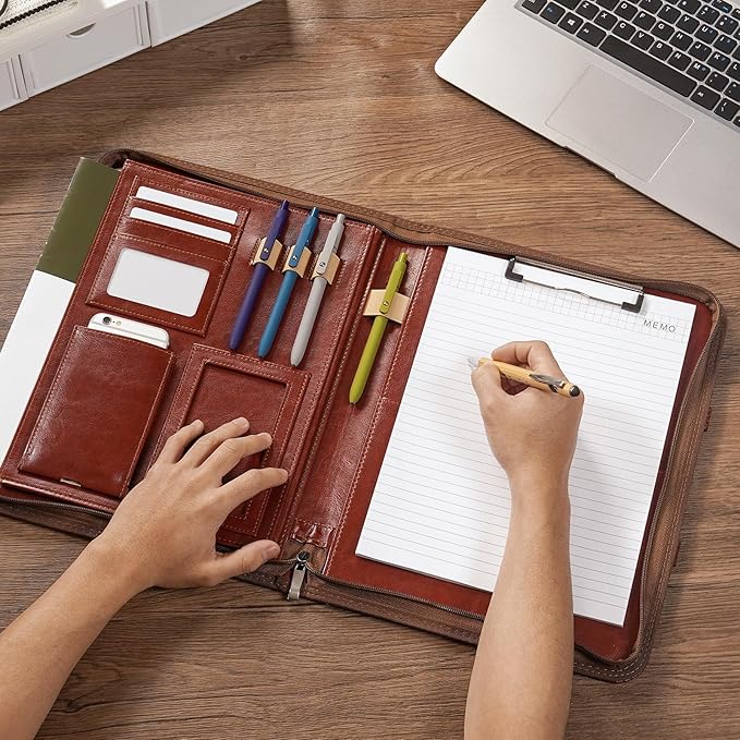 ENOMY Personalized Padfolio with Handle & Zipper Custom Portfolio with Logo/Text/Photo Durable Leather Portfolio for Men & Women Work Interviews Office Gifts (Brown)
