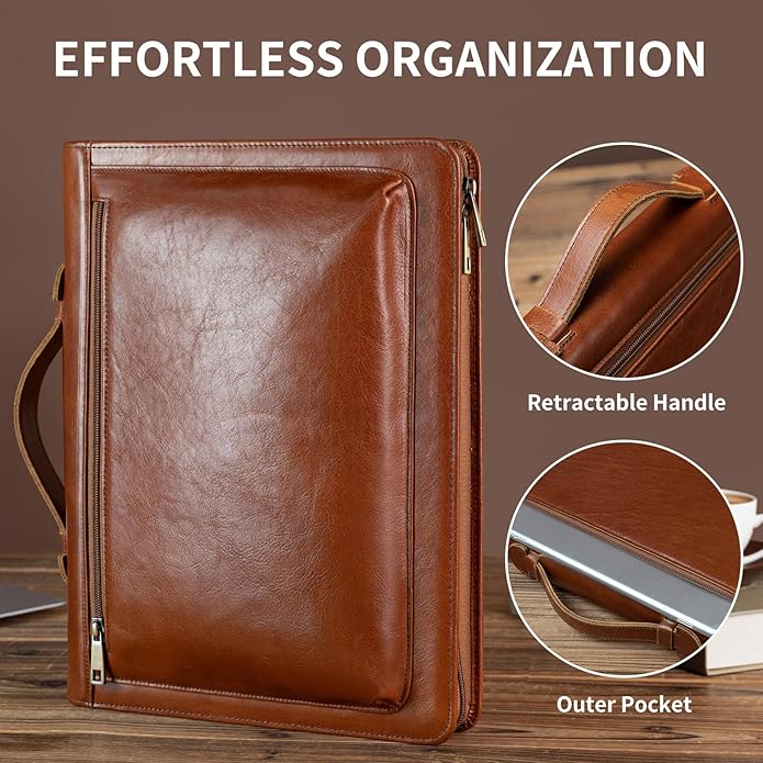 YIWEN Handmade Leather Portfolio with Handle – Zippered Front Pocket, Clip for Letter Size Notepad, Business Travel Padfolio