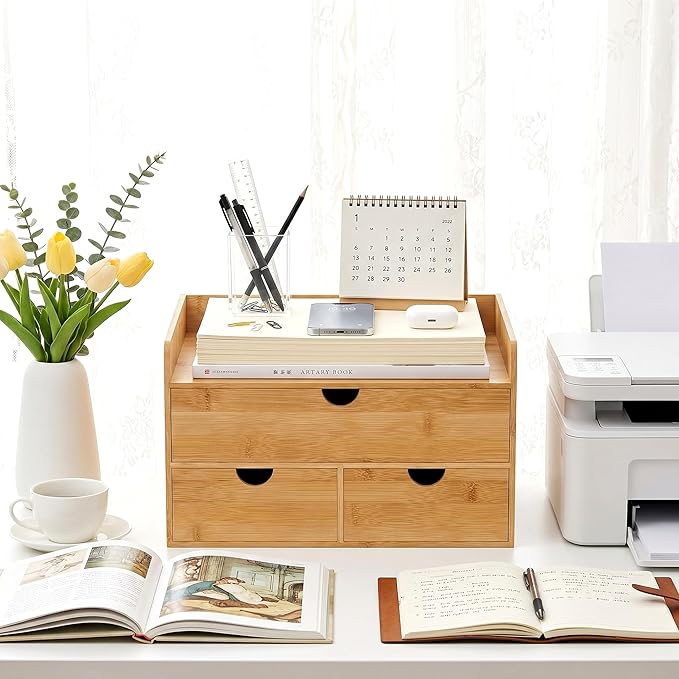Desk Organizer with Drawers - Bamboo Desktop Organizer Storage | Wood Desk Drawers Organizer for Bills, Office Supplies, Cosmetics, Seals No Assembly Required