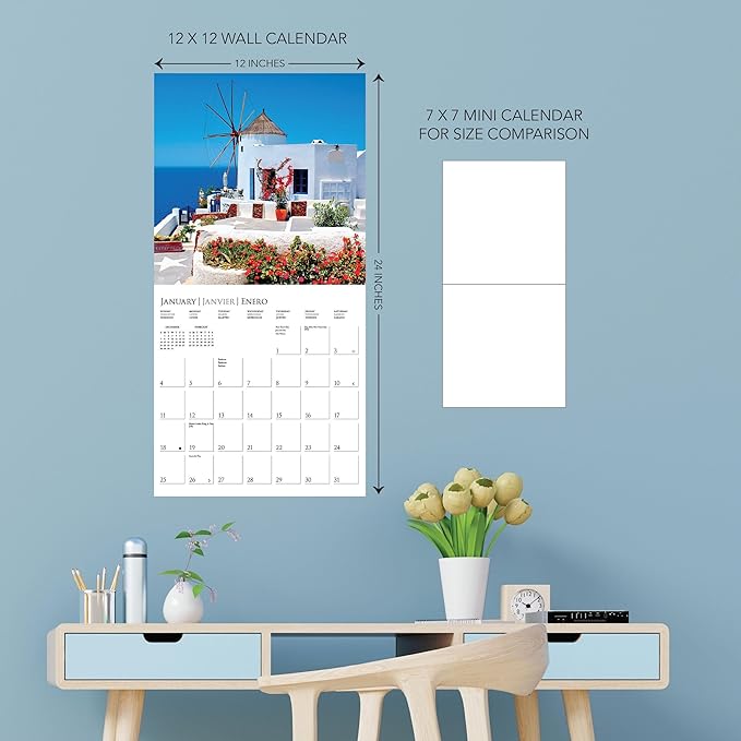 Graphique 2026 Greek Isles Wall Calendar | 12” x 12” | Thick Paper | Home & Office Organizer | Large Monthly Grid | 3 Languages & Marked Holidays | 4 Month Preview Page for 2027