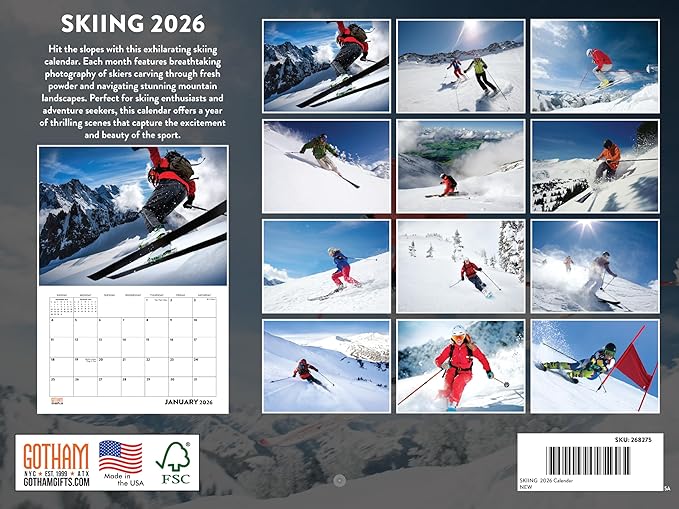 Ski Calendar 2026 Skiing Monthly Wall Calender 12 Month | American Made In The USA