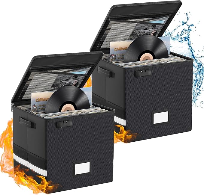 Vinyl Record Storage Box with Lock, 2 Packs Fireproof & Water-Resistant Record Organizer for 100+ 12-inch Vinyl Albums, Collapsible Crate with Lid & Handles, 13"x13"x13" Record Case