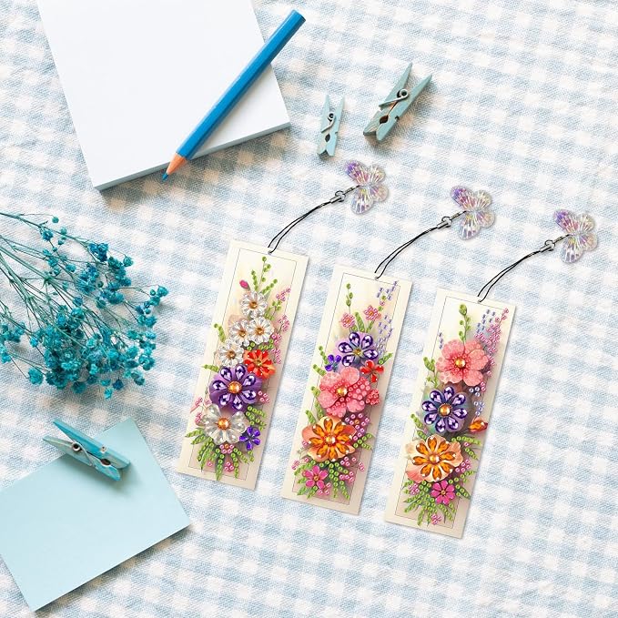 ARTopet 3Pcs DIY Diamond Art Painting Bookmarks with Colorful Butterfly Pendant PET Bookmark Ornament Double Sided Pattern Single Sided Diamond Book Marker Clip Gifts Tags-Flowers07