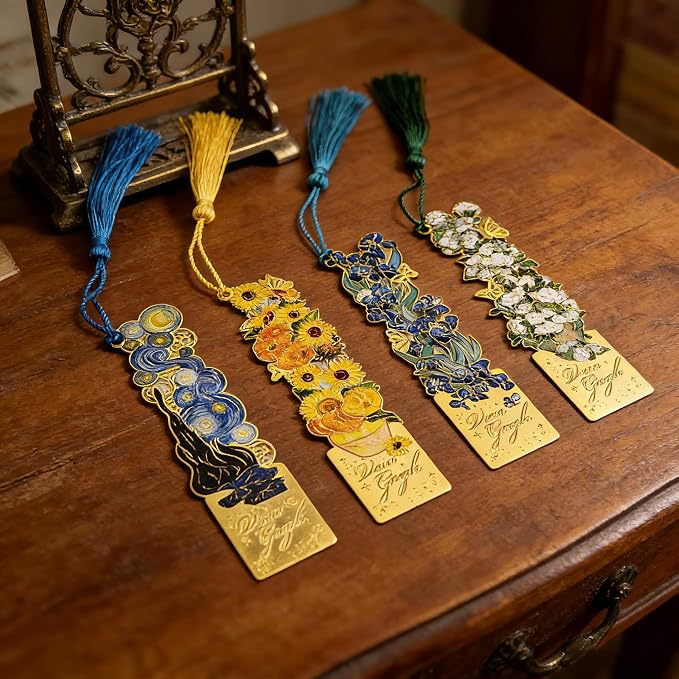 4 Pieces Elegant Metal Bookmarks with Tassel, Hollow Out Art Design Bookmarks with Tassels for Books and Journals (4 Pieces)