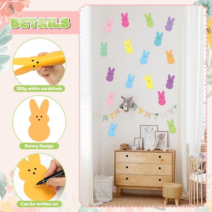 Yopyame Easter Bulletin Board Cutouts - 78pcs Easter Bunny Peeps Rabbit Cutouts Paper Cutting Bulletin Board Decor 12 Color Bunny Name Tags Cutout Classroom Wall Decor for Kindergarten Preschool Decor