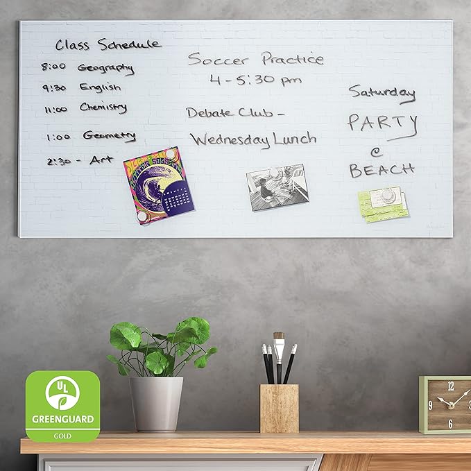 ECR4Kids MessageStor Dry-Erase Glass Board and Magnets, Office Essentials, White Brick