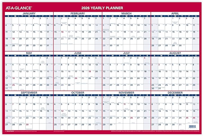 AT-A-GLANCE 2026 Erasable Calendar, Dry Erase Wall Planner, 36" x 24", Large, Vertical-Horizontal, Reversible (PM26B2826)