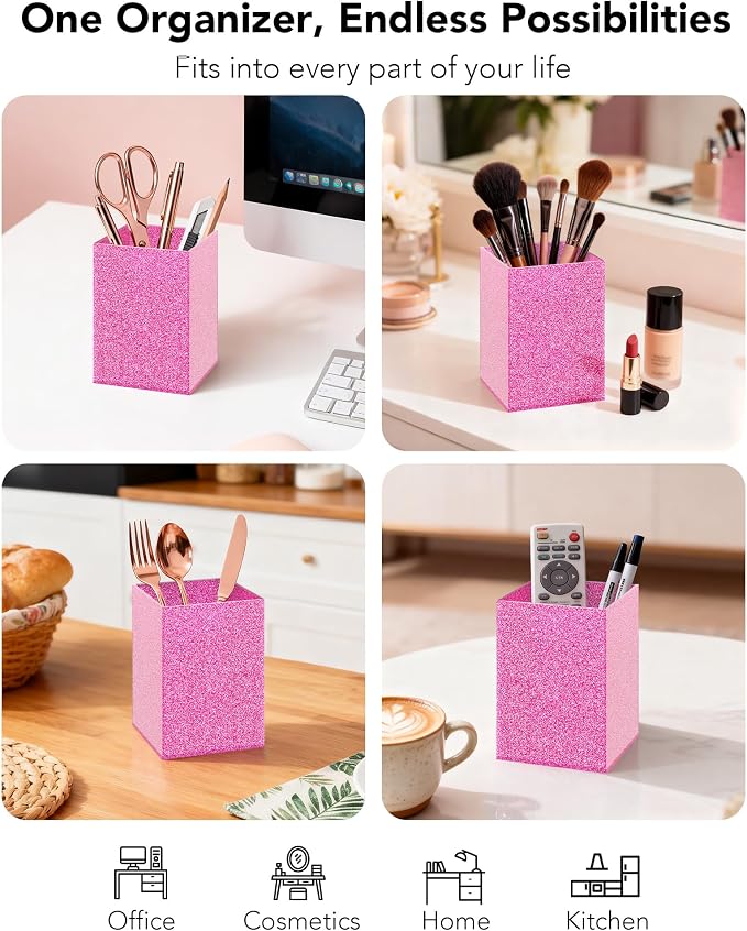 Rose Pink Glitter Acrylic Pen Holder, Acrylic Makeup Brush Storage Organizer, Pencil Pen Holder for Desk, Modern Desktop Accessories for Office School Home Supplies