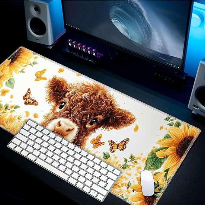 Mouse Pad Gaming Mousepad 31.5x11.8 Inch XXL Large + Coasters,Desk Mat with Stitched Edges, Non-Slip Rubber Base, Thick Mouse Pad for Computer, Laptop, Office & Home - Sunflower Highland Cow