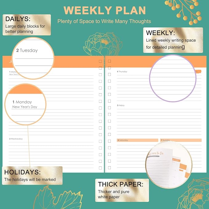 CAGIE 2026 Planner Weekly and Monthly， Jan - Dec 2026 8.3 x 9.3 Inch Hardcover Spiral Bound, 13 Monthly Dividers Tabs, Stickers, Floral Daily Planner for Women Perfect 2026 Yearly Calendar Planner