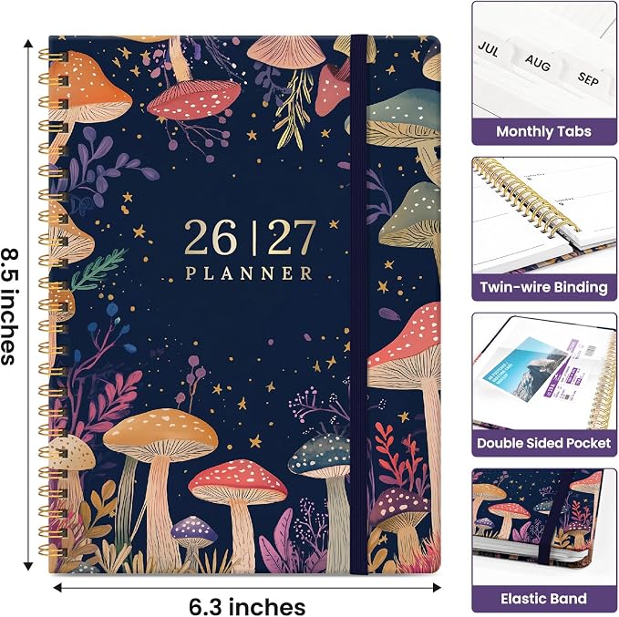 Planner 2026–2027, Academic Year Monthly & Weekly Calendar Book, Jul 2026–Jun 2027, Hardcover Organizer with Tabs, Student & Teacher Planner, 6.3" x 8.5", Mushroom Party
