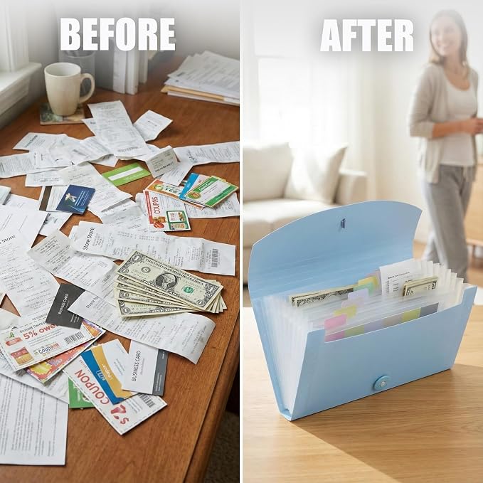 Portable 13-Pocket Receipt & Coupon Organizer, Small Expanding Accordion File Folder with Labels, Long Ticket Size Holder for Bills, Checks, and Travel Documents (10.2" x 5.5"), Blue