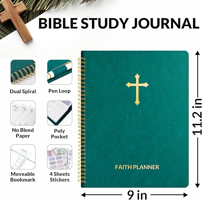 2026 Christian Planner - 12 Month Bible Journal and Prayer Planner 9"x11.2" Spiral Bound, Monthly & Weekly Christian Organizer Gifts for Women Men (Pacific Green)