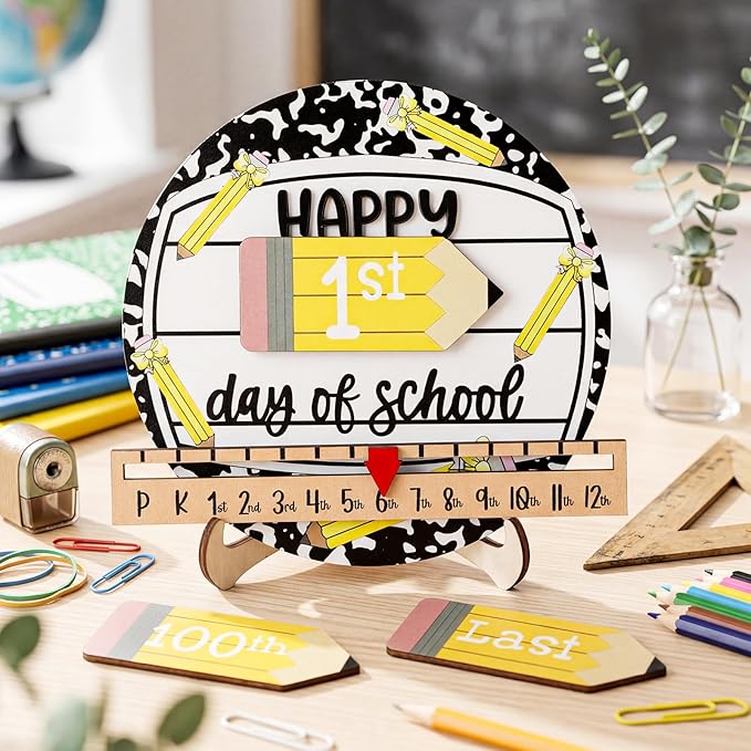 Kosiz First and Last Day of School Sign with Back to School Board Gifts Wooden First Day Sign Reusable Dry Erase 8'' (Composition Notebook and Pencil)
