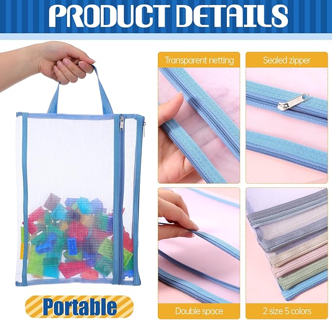 SHENLIU 20 Pack Mesh Zipper Pouch Bags, 5 Colors Double Layer Nylon Mesh Bags with Handle Storage & Organization A4 & A5 Breathable See Through Zipper Pouch for Puzzle Board Storage Office Travel