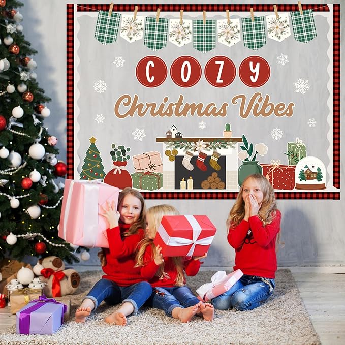 Christmas Fireplace Bulletin Board Set Cozy Christmas Vibes Classroom Decorations Colorful Banner Snowflakes Xmas Tree Gifts Snow Globe Cutouts with Buffalo Plaid Borders for Holiday Display