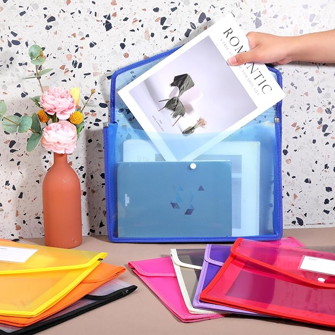 10 Pack Plastic Expanding File Folder, Waterproof Transparent Expandable File Folder, Transparent Files Folders for Documents with Snap Closure, Large Capacity, Fit Legal/B4 Size, 9 Colors