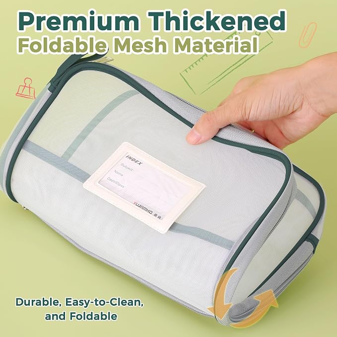 Pendancy Mesh Zipper Pouch 14.8x10.8 in Transparent Lightweight Nylon File Folders, A4 Size Multi-Layer Subject Document Organizer Accessories Storage Bag for Office and School Supplies(Green)