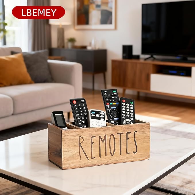 LBEMEY Acacia Wood Remote Control Holder, TV Remote Holder, Remote Organizer for Table,Home,Living room, bedroom for Wooden Remote Box (Brown, L,for 5+ Remote Controls)