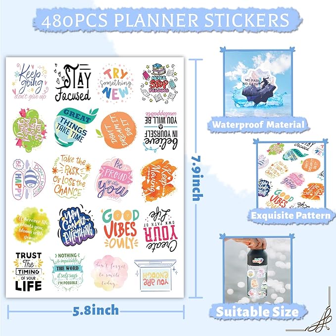 Motivational Stickers 480 Pieces Positive Calendar Stickers for Adults Planner 24 Sheets Inspirational Words Sticker for Water Bottle Diary Album Letter Sticker for Teens Kids Students