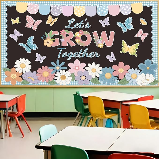 Spring Bulletin Board Set Spring Classroom Decorations Let’s Grow Together Inspirational Bulletin Board Flower Cutouts for Home School Office Chalkboard Whiteboard Wall Window Door Decor Supplies