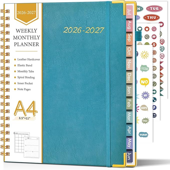 Academic Planner 2026-2027, Hardcover Leather Weekly and Monthly Calendar Planner from July 2026 - June 2027, A4 8.5" x 11" Daily Agenda with Tabs, College School Organizer for Student Teacher, Pacific Green