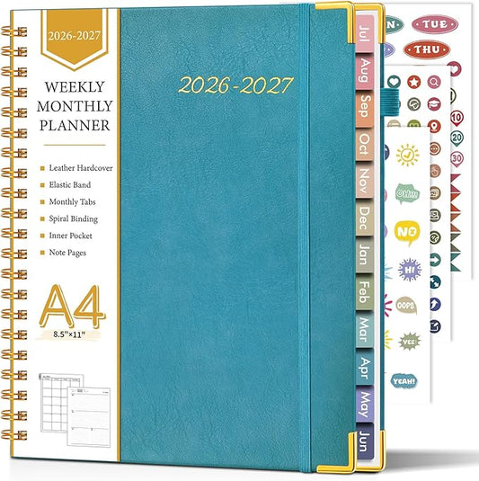 Academic Planner 2026-2027, Hardcover Leather Weekly and Monthly Calendar Planner from July 2026 - June 2027, A4 8.5" x 11" Daily Agenda with Tabs, College School Organizer for Student Teacher, Pacific Green
