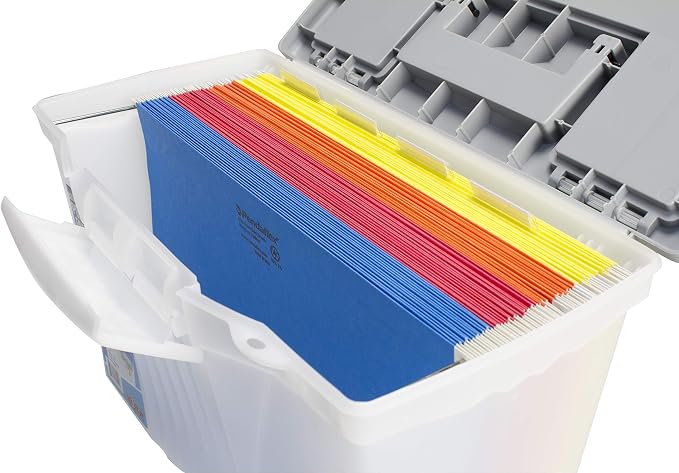 Storex Portable File Box with Organizer Lid, 17.13 x 9.63 x 11 Inches, Frosted/Silver (61511A01C)