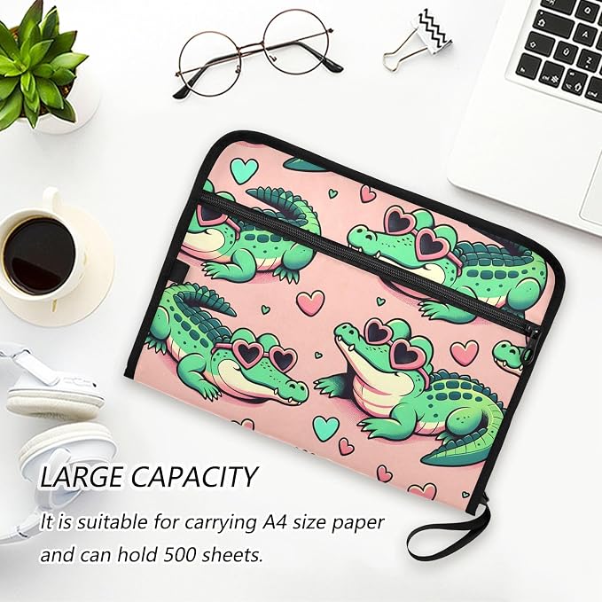 Expanding File Folder Alligator Crocodiles Pink Accordion File Organizer 13 Pockets Document Organizer with Zipper Labels A4 Letter Office Storage
