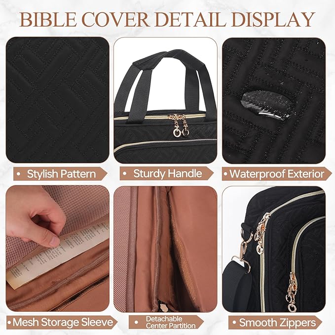 Bible Cover Case for Women Elegant Carrying Bag with Handles & Shoulder Strap Large Bible Storage Bag–Includes Bible Study Supplies Highlighters(Black, L)
