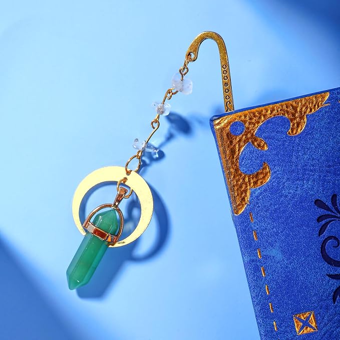 Vintage Metal Bookmark Pendant with Natural Crystal Stones Green Aventurine Bead Chain–Elegant Moon Bookmarks for Women,Men,Book Lovers,Teachers and Girls(Green Jade)