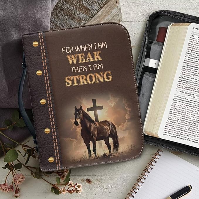 PU Bible Covers for Men Extra Large Bible Case Brown Bible Bag with Leather Bookmark,Christian Gift,Scripture Horse and Cross,Large