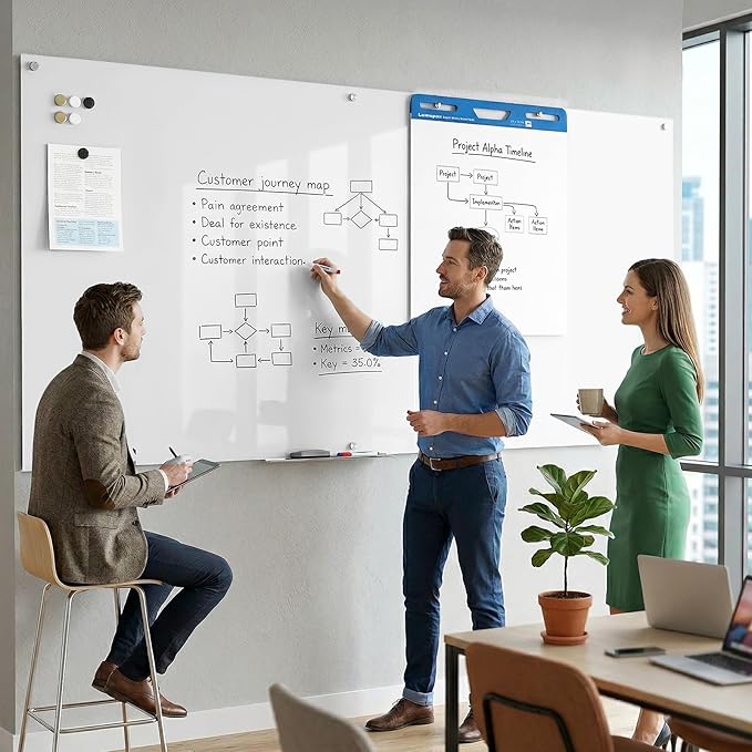 0.4mm Reinforced Metal Backing Glass White Board for Wall, 96" x 48" Extra Large Magnetic Pure White Tempered Glass Board with Frameless Design, 8' x 4' Dry Erase Board for Home, Office