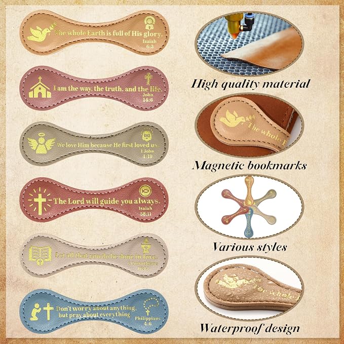 Spakon 6 Pcs Christian Fathers Day Magnetic Bookmark Gifts Bible Bookmarks Religious Personalized Magnetic Leather Book Marker for Men Women Coworkers Teachers Students(Earth Tones,Classic)