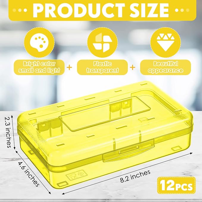 Leelosp 12 Pack Clear Pencil Boxes for School Bulk, Large Plastic Pencil Case with Lid, Stackable Hard Crayon Storage Box for Classroom Kids, Desk Drawer Organizer for Office Home(Yellow)