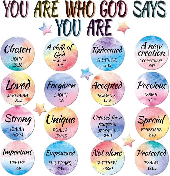Qyeahkj Christian Bulletin Board Decoration God Says You Are Religious Classroom Wall Decor Watercolor Motivational Quote Cutout Inspirational Bulletin Board Set for Sunday School Home Church Supplies