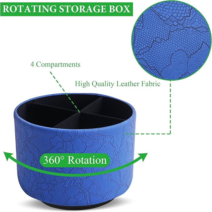 Round Leather Art Supply Organizer,Remote Control Holder,360 Degree Spinning,Multi-Functional Pencil Holder,4 Compartments Desktop Stationary Organizer(1-Lace Flower Blue)