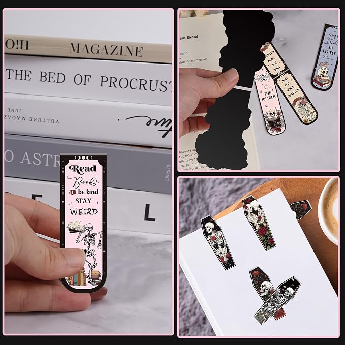 30 Pcs Gothic Skull Magnetic Bookmarks, Coffin-Shaped Horror Book Mark Clips, Spooky Skeleton Magnet Page Markers for Dark Romance Readers Halloween Reading Gifts