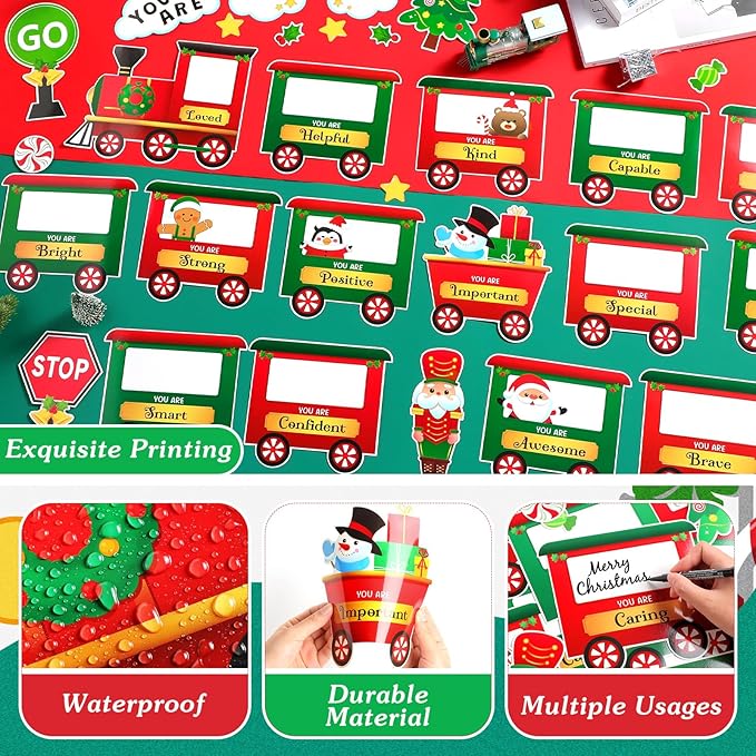 42 Pcs Christmas Train Affirmation Station Bulletin Board Decoration Train Motivational Growth Mindset Cutouts Inspirational Classroom DIY Craft Photo for School Office Party Supplies