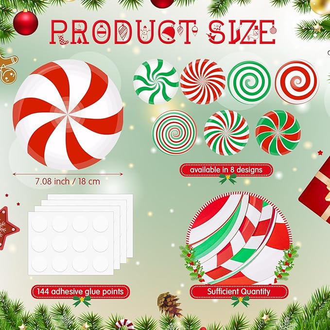 TaoBary 24 Pcs 7.09 Inch Christmas Candyland Peppermint Cutouts Candy Party Decorations Green Red White Candy Paper Bulletin Board Cutouts for Classroom Birthday DIY Wall Banner Home Window Supplies