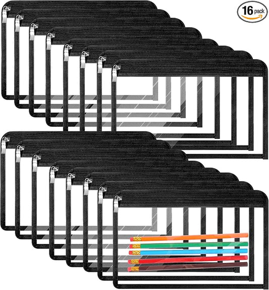 16 Pieces Clear Zipper Pouches Pencil Pouches PVC Makeup Pouch Envelopes Folder Storage Multi Purpose Pouch Document File Organization Bags, Office Supplies (Black Edging, 11.5 x 7.5 Inches)