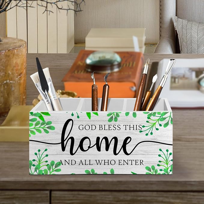 Christian Pen Pencil Holder Organizer for Desk Accessories, Bless This Home Bible Verse Wooden Box Sign Desk Decor for Home Office Decoration, Christian Gifts for Women Men, Housewarming Gifts